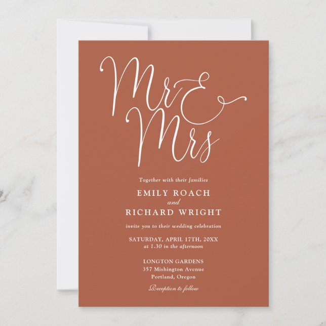 Mr. And Mrs. Elegant Script Terracotta Wedding Einladung (Vorderseite)
