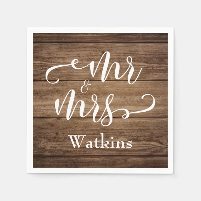 "Mr. and Mrs." Elegante weiße Schrift über Rustika Serviette (Vorderseite)
