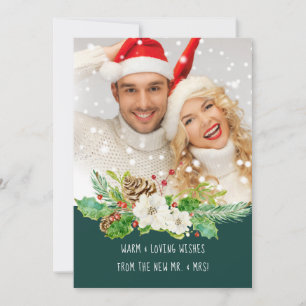 Mr. and Mrs First Christmas Forest Green Gold Foto Feiertagskarte