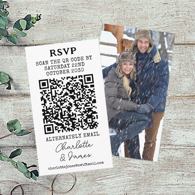 Mr. And Mrs Foto Elegant Script QR Code RSVP Card Begleitkarte (Front And Back)