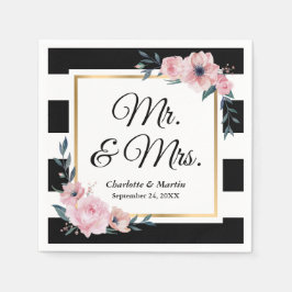Mr. and Mrs. Gold Frame Schwarz-weiß Floral Weddin Serviette