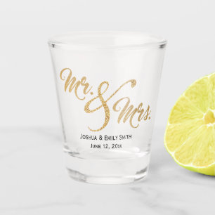 Mr. and Mrs Gold Glitzer Gastgeschenk Hochzeit Gif Schnapsglas