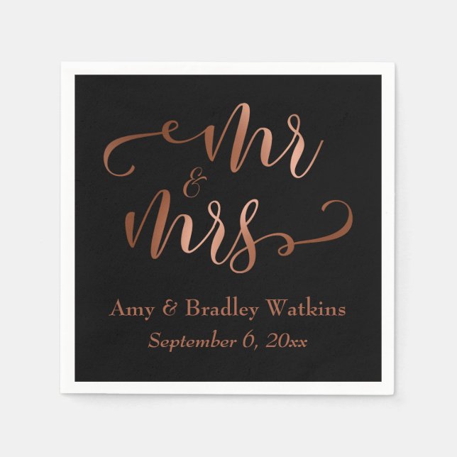 "Mr. and Mrs." Imitats Copper Script auf Black, We Serviette (Vorderseite)