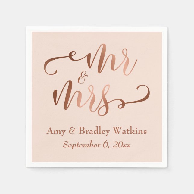 "Mr. and Mrs." Imitats Copper Script auf Blush Pin Serviette (Vorderseite)