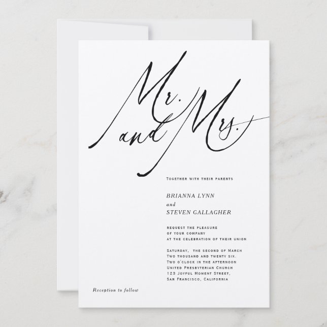 Mr. and Mrs Modern Calligraphy Schwarz-weiß Weddin Einladung (Vorderseite)