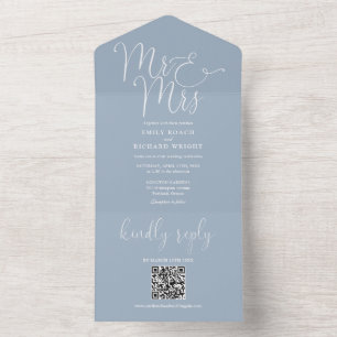 Mr. and Mrs Modern QR Code Dusty Blue Wedding All In One Einladung