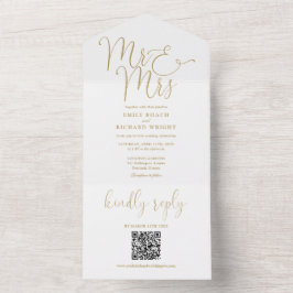 Mr. and Mrs Modern QR Code Gold Wedding All In One Einladung