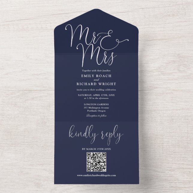 Mr. and Mrs Modern QR Code Navy Blue Wedding All In One Einladung (Innen Boden)