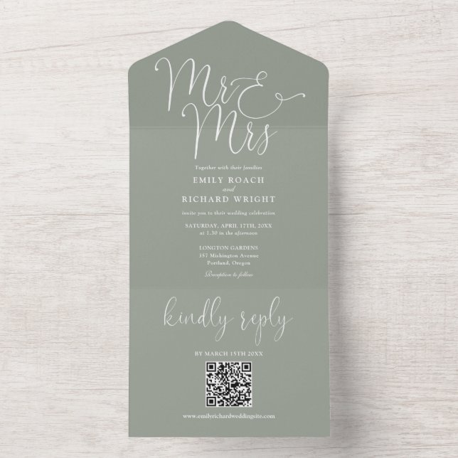 Mr. and Mrs Modern QR Code Sage Green Wedding All In One Einladung (Innen Boden)