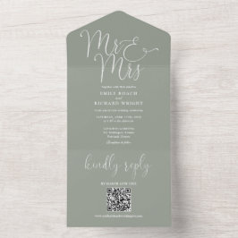Mr. and Mrs Modern QR Code Sage Green Wedding All In One Einladung