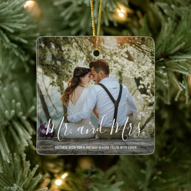 Mr. and Mrs Newlywed Foto First Christmas Verheira Keramikornament (Baum)