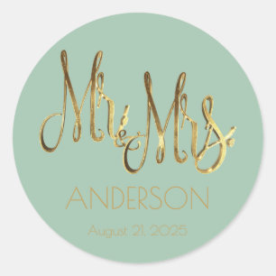 Mr. and Mrs Pale Mint Imitats Gold Foil Typografy Runder Aufkleber