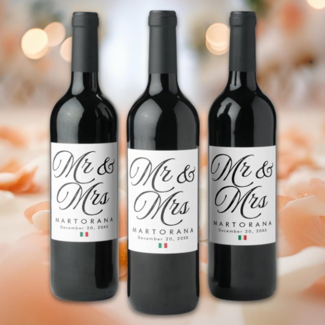 Mr and Mrs Personalized Italian Wedding Weinetikett (Mr & Mrs Personalized Italian Wedding Wine Label with Flag of Italy icon)