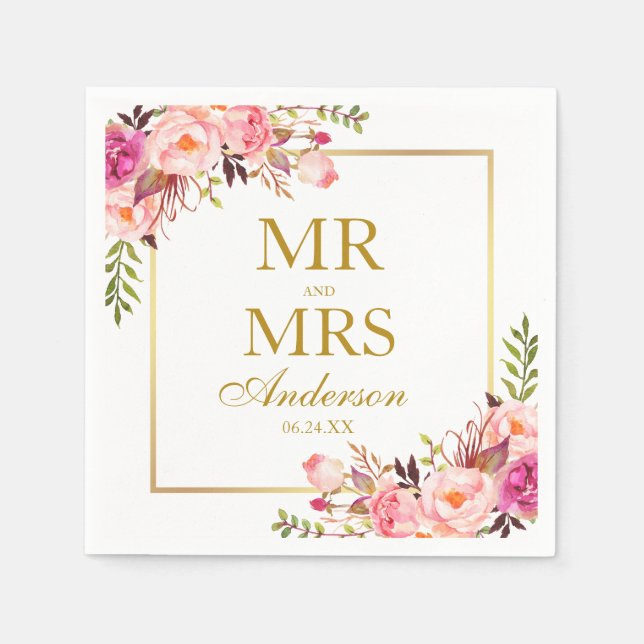 Mr. and Mrs. Pink Blush Floral Gold Wedding Serviette (Vorderseite)