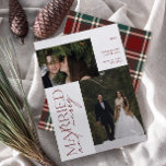 Mr. and Mrs Red Green Tartan Verheiratet & Merry F<br><div class="desc">Mit unserer atemberaubenden neuen Minimalistischen Red and Green Tartan Verheiratet & Merry Foto Holiday Card präsentieren wir Ihnen ein modernes Design mit eleganter Typografie und einem hochgeehrten Foto in festlicher Rot-Weiß. Die minimalistische Front wird durch ein warmes, festliches , mit einem roten und grünen Tartan auf der Rückseite kariert, und...</div>