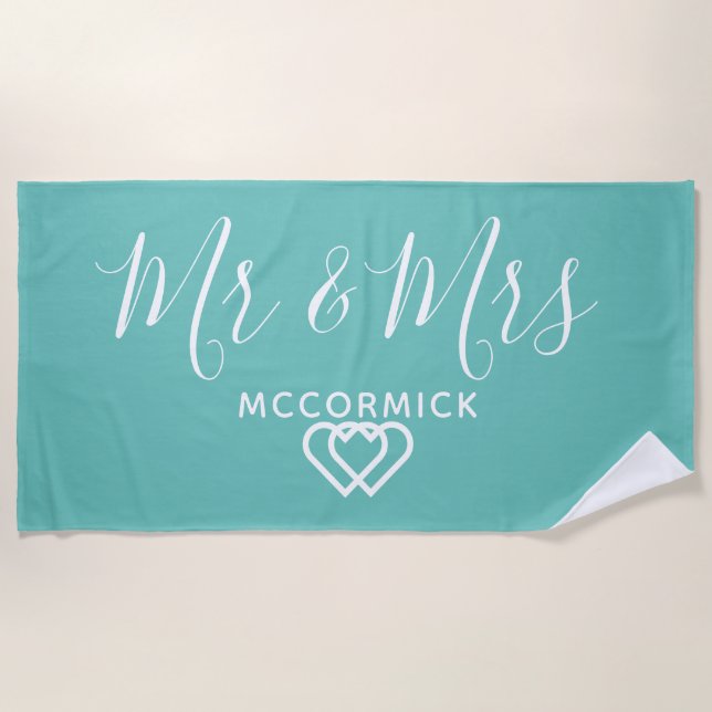 Mr. and Mrs. Script Monogram Name Aquamarin White  Strandtuch (Vorderseite)