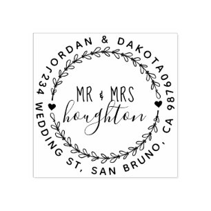 Mr. and Mrs. Script Wedding Wreath Rücksendeadress Gummistempel