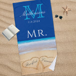 Mr. Beach Wedding Hearts in Sand Family Monogram B Strandtuch<br><div class="desc">Wedding Hearts in Sand Family Monogram,  Groom's Mr. Beach Towel.</div>