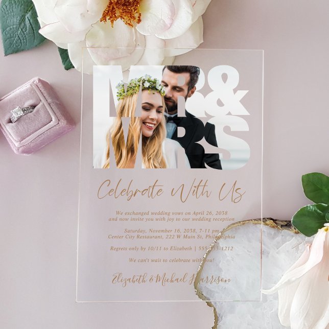 Mr Foto Gold Script Wedding Reception Acryleinladungen (Make your wedding reception unforgettable with stunning acrylic invitations—modern, elegant, unique!)