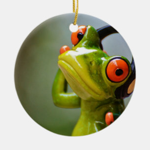 Mr. Frog mit Kopfhörern Ornament Round