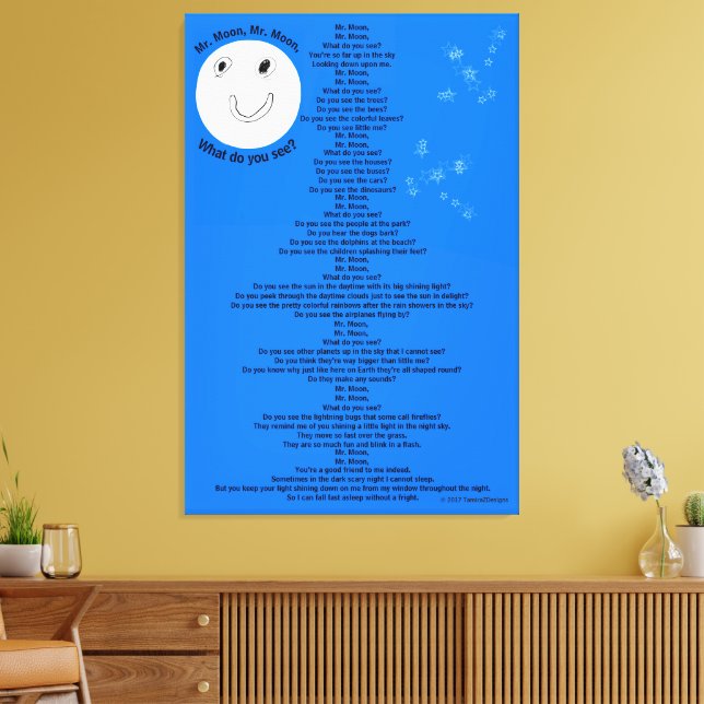 Mr Moon, Mr Moon Fun Children's Gedicht 32" x 48" Leinwanddruck (Insitu (Wohnzimmer))