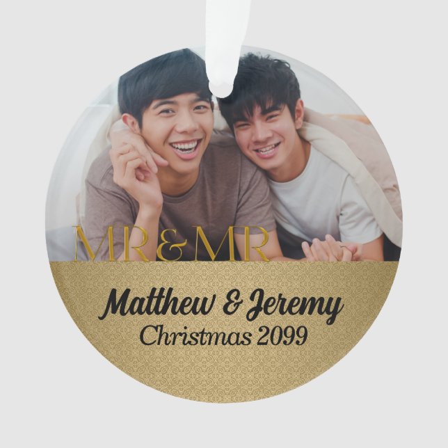 Mr & Mr. 1 Christmas Gold Damask Foto Ornament (Vorderseite)