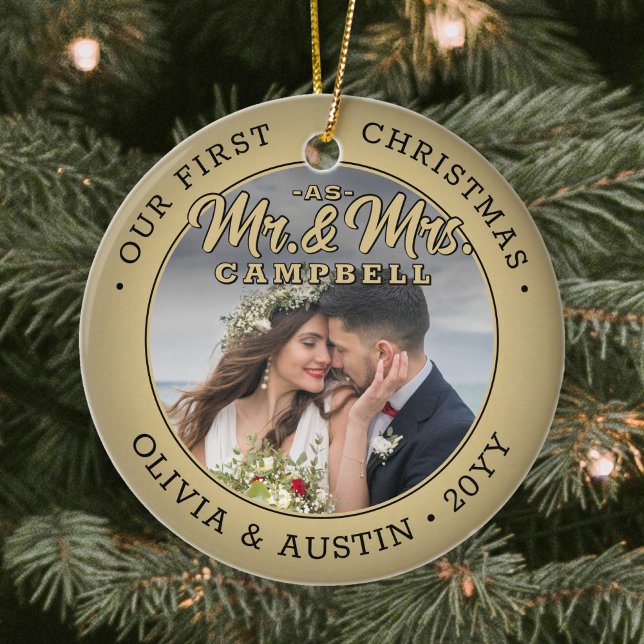 Mr & Mrs 2 Foto Newlyweds 1. Xmas Imitate Gold Keramik Ornament (Von Creator hochgeladen)