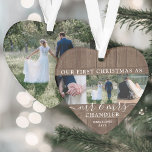 Mr & Mrs. 4 Foto Erster Weihnachtsfest Rustikale I Ornament<br><div class="desc">Feiern Sie einen fröhlichen 1. Urlaub als verheiratetes Paar mit einer maßgeschneiderten 4-Foto-Collage "Unser erstes Weihnachtsfest als Mr. & Mrs." herzförmige Acrylschmuck. Alle Texte und Bilder auf dieser Vorlage sind einfach zu personalisieren. (IMAGE PLACEMENT TIP: Eine einfache Möglichkeit, ein Foto genau so zu zentrieren, wie Sie es gewollt haben, ist...</div>