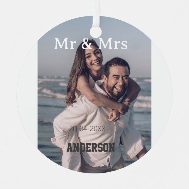 Mr & Mrs add family name photo date wedding family Ornament Aus Metall (Vorderseite)