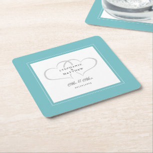 Mr & Mrs Aqua & White Elegant Hearts Wedding Chic Rechteckiger Pappuntersetzer