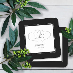 Mr & Mrs Black & White Elegant Hearts Wedding Chic Rechteckiger Pappuntersetzer