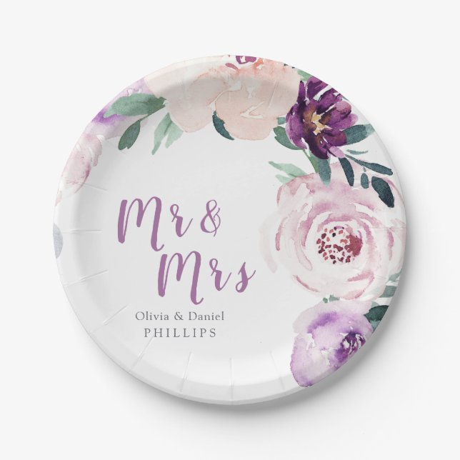 Mr & Mrs Blooming botanische lila Blumenhochzeit Pappteller (Vorderseite)