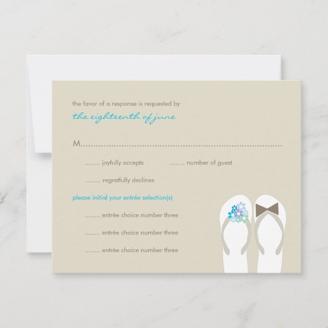 Mr & Mrs Blue Flip Flops Beach Wedding RSVP Card Karte (Vorderseite)