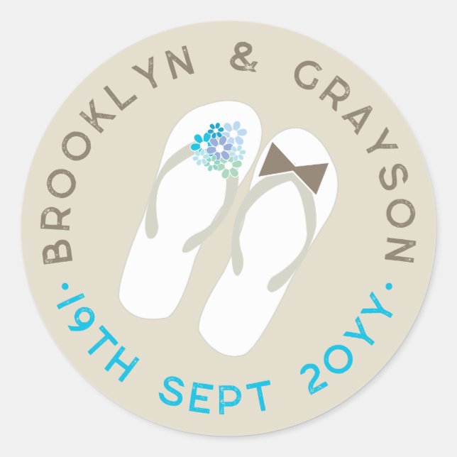 Mr & Mrs Blue Flowers Flip Flops Beach Wedding Runder Aufkleber (Vorderseite)