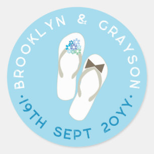 Mr & Mrs Blue Flowers Flip Flops Beach Wedding Runder Aufkleber