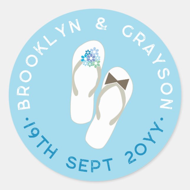 Mr & Mrs Blue Flowers Flip Flops Beach Wedding Runder Aufkleber (Vorderseite)