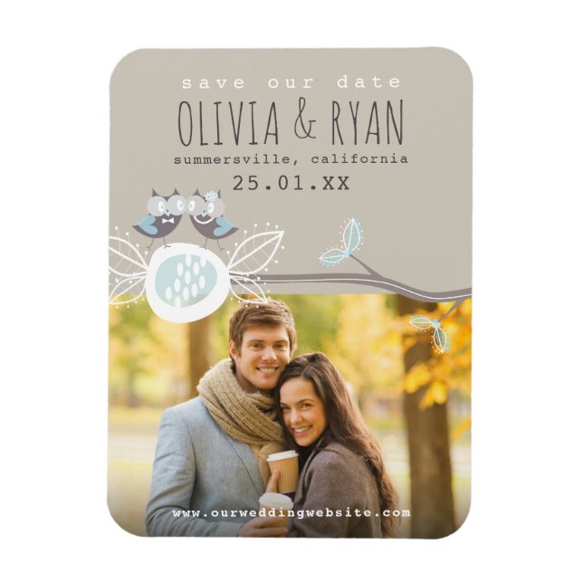 Mr & Mrs Blue Wedding Owls Save the Date Foto Magnet (Vertikal)