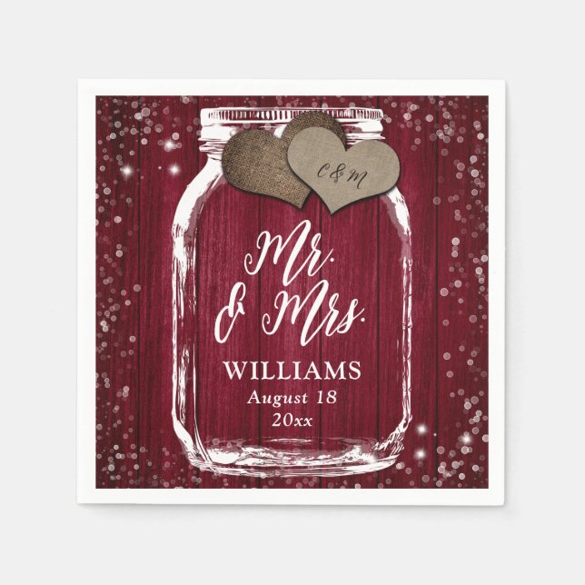 Mr & Mrs Burgundy Wood Mason Jar Barn Wedding Serviette (Vorderseite)
