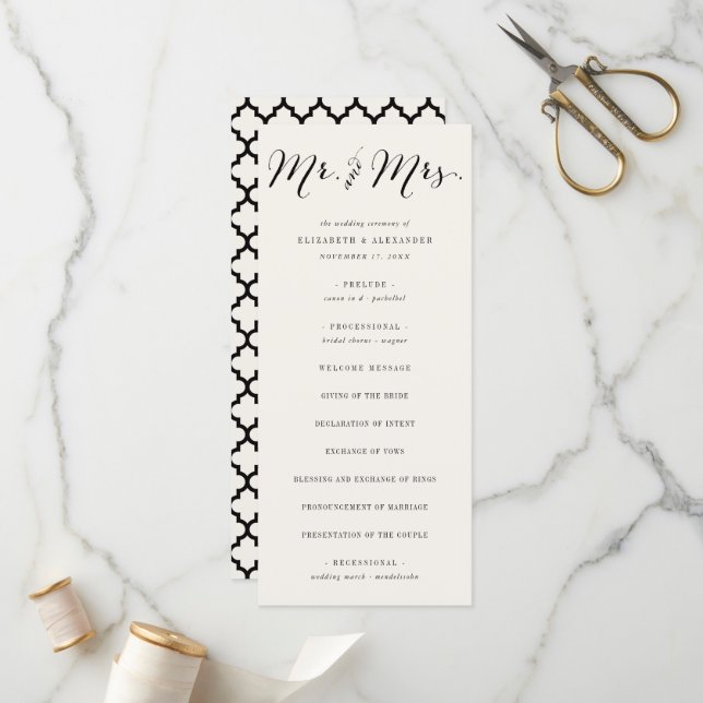 Mr & Mrs. Calligraphy Script Geometric Chic Weddin Programm (Vorderseite/Rückseite Beispiel)