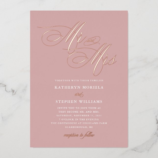 Mr & Mrs Calligraphy Wedding Rose Gold Folieneinladung (Vorderseite)