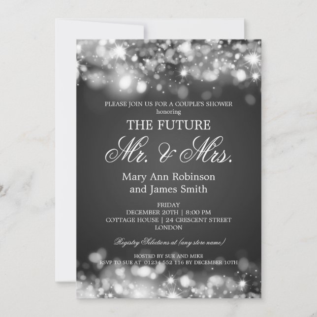 Mr Mrs. Couples Shower Silver Sparkle Lights Einladung (Vorderseite)