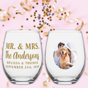 Mr & Mrs Custom Foto Moderne Gold Elegante Hochzei Weinglas Ohne Stiel