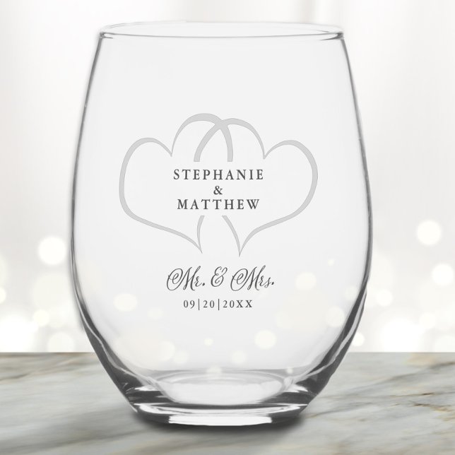 Mr & Mrs. Elegant Wedding Chic Hörnamen Custom Weinglas Ohne Stiel (Mr & Mrs Elegant Wedding Chic Hearts Names Custom Stemless Wine Glass)