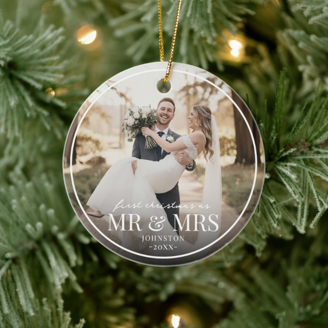 Mr & Mrs First Chirstmas Boarder Custom Photo  Keramik Ornament (Baum)