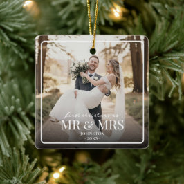 Mr & Mrs First Chirstmas Boarder Custom Photo Keramikornament