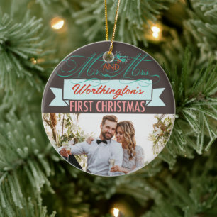 Mr & Mrs. First Christmas Mistletoes Foto Wedding Keramikornament