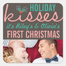 Mr & Mrs. First Christmas Mistletoes Foto Wedding Quadratischer Aufkleber