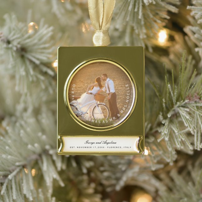 Mr & Mrs. First Christmas Simple Text Circle Foto Banner-Ornament Gold (Baum)