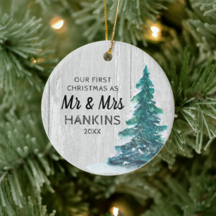 Mr & Mrs. First Christmas Verheiratet Rustic Pine Keramik Ornament