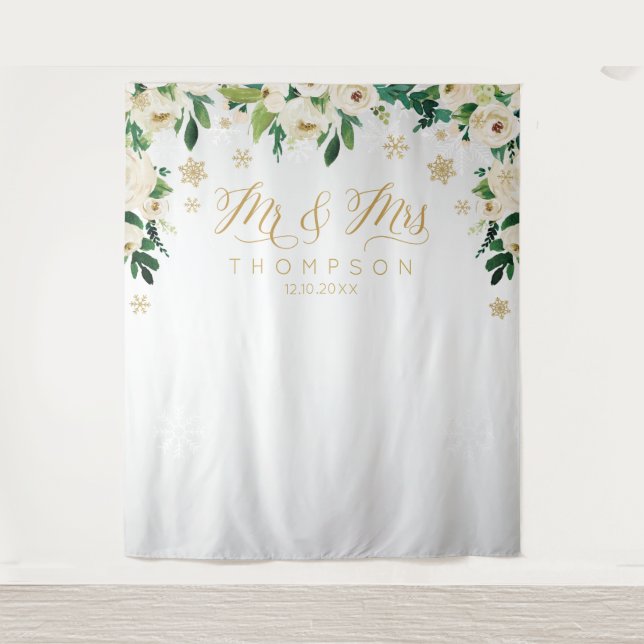 Mr & Mrs floral winter snowflakes wedding banner Wandteppich (Vorderseite)